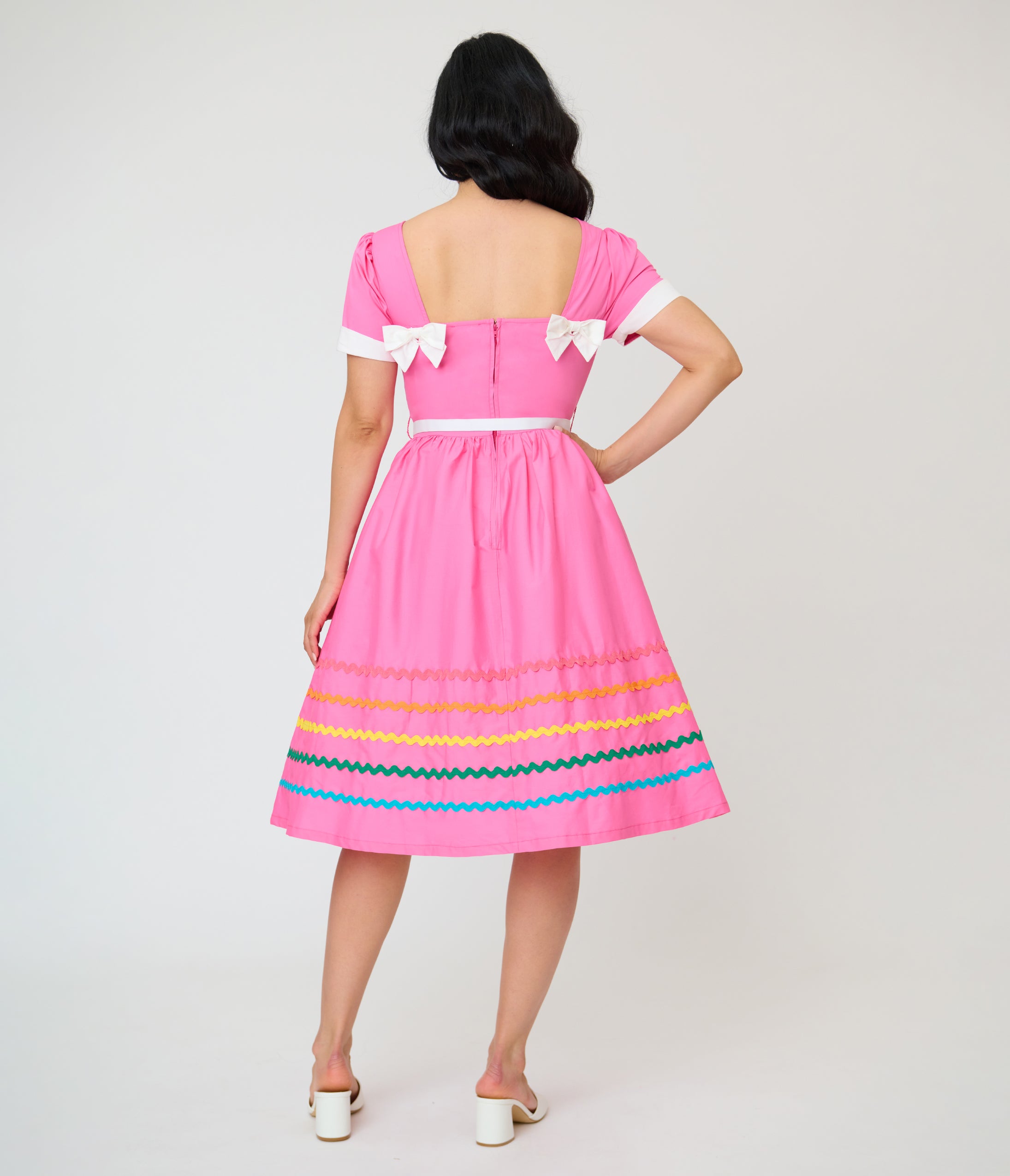 Unique Vintage Pink & Rainbow Cotton Swing Dress