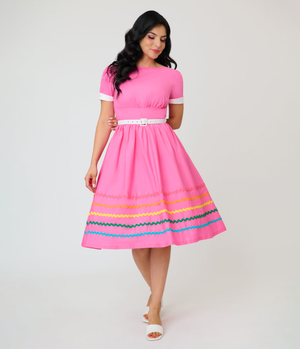 Unique Vintage Pink & Rainbow Cotton Swing Dress