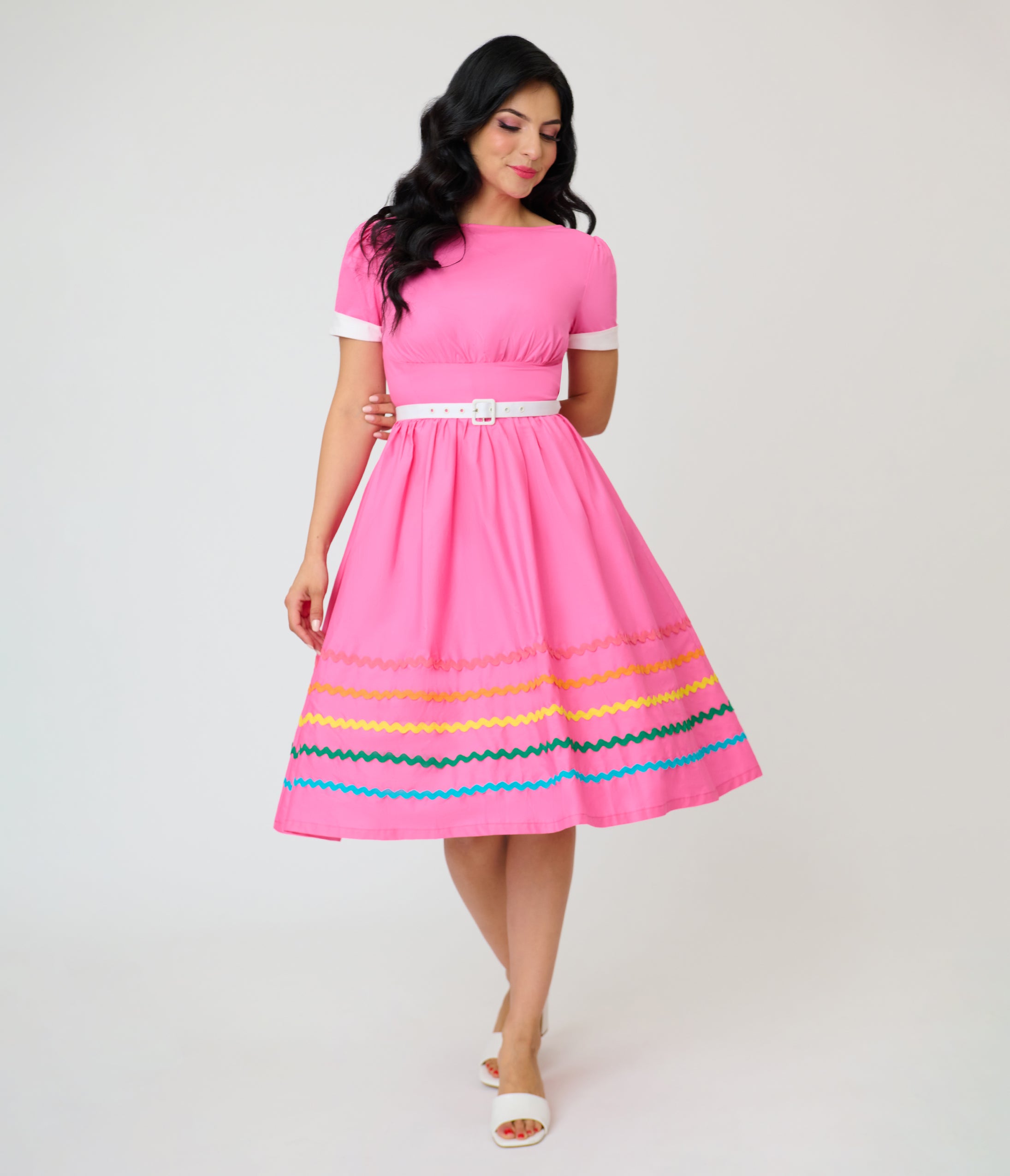 Unique Vintage Pink & Rainbow Cotton Swing Dress