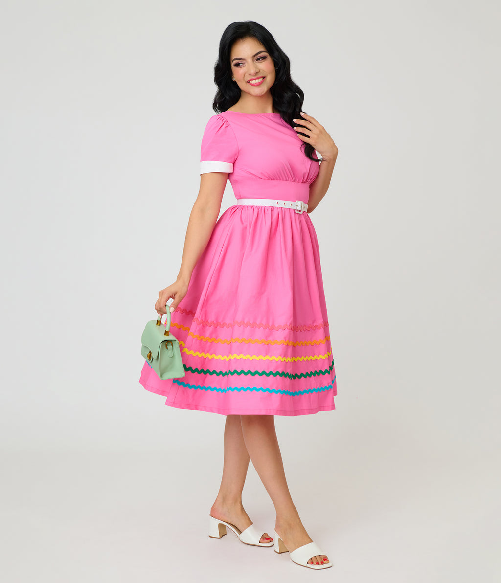 Unique Vintage Pink & Rainbow Cotton Swing Dress
