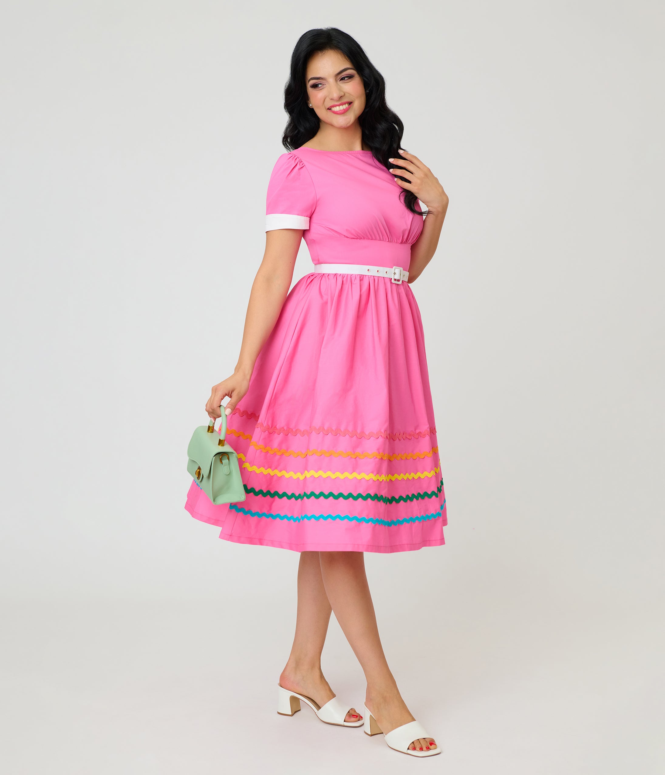 Unique Vintage Pink & Rainbow Cotton Swing Dress