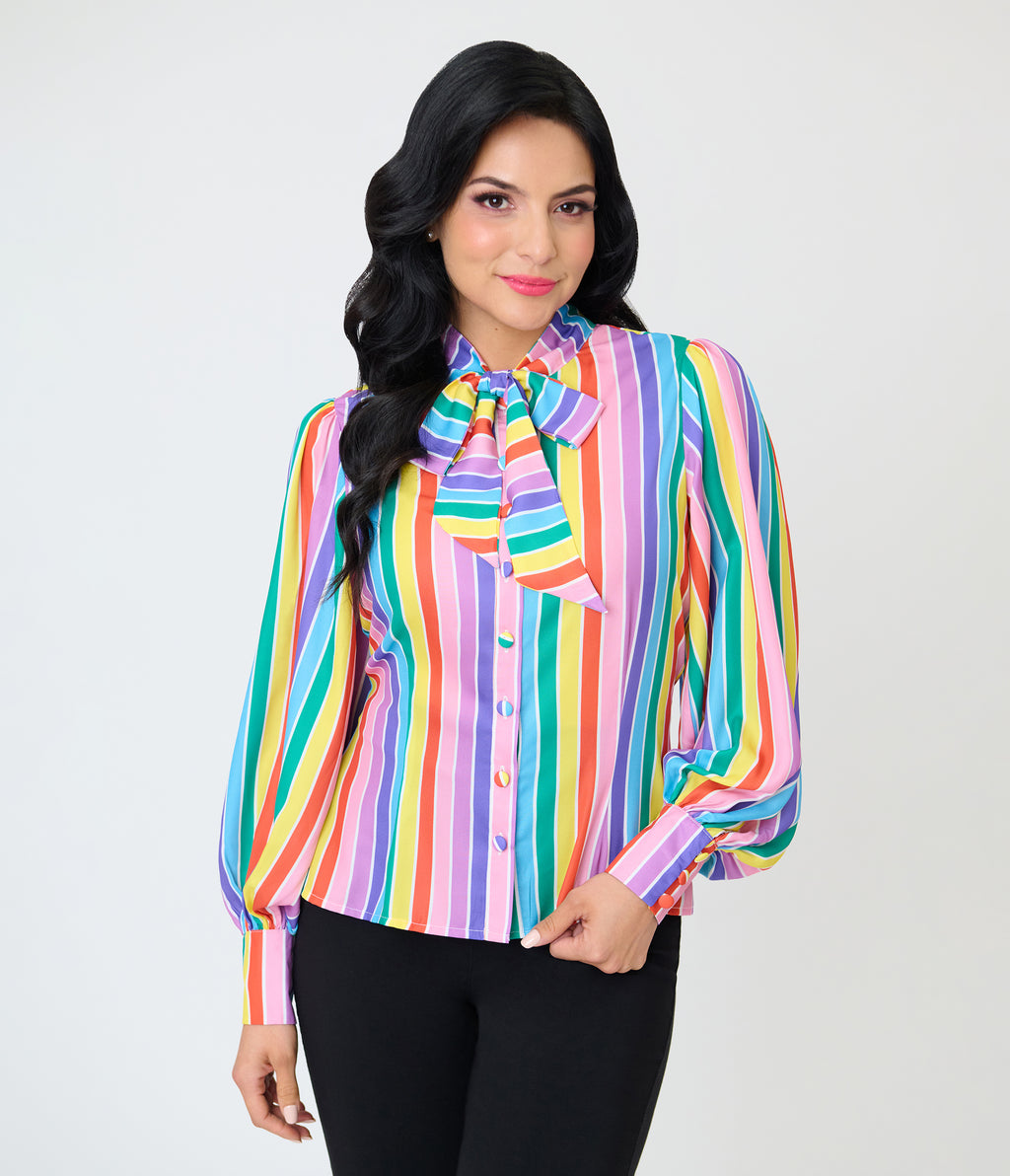Unique Vintage Rainbow Stripe Long Sleeve Gwen Blouse