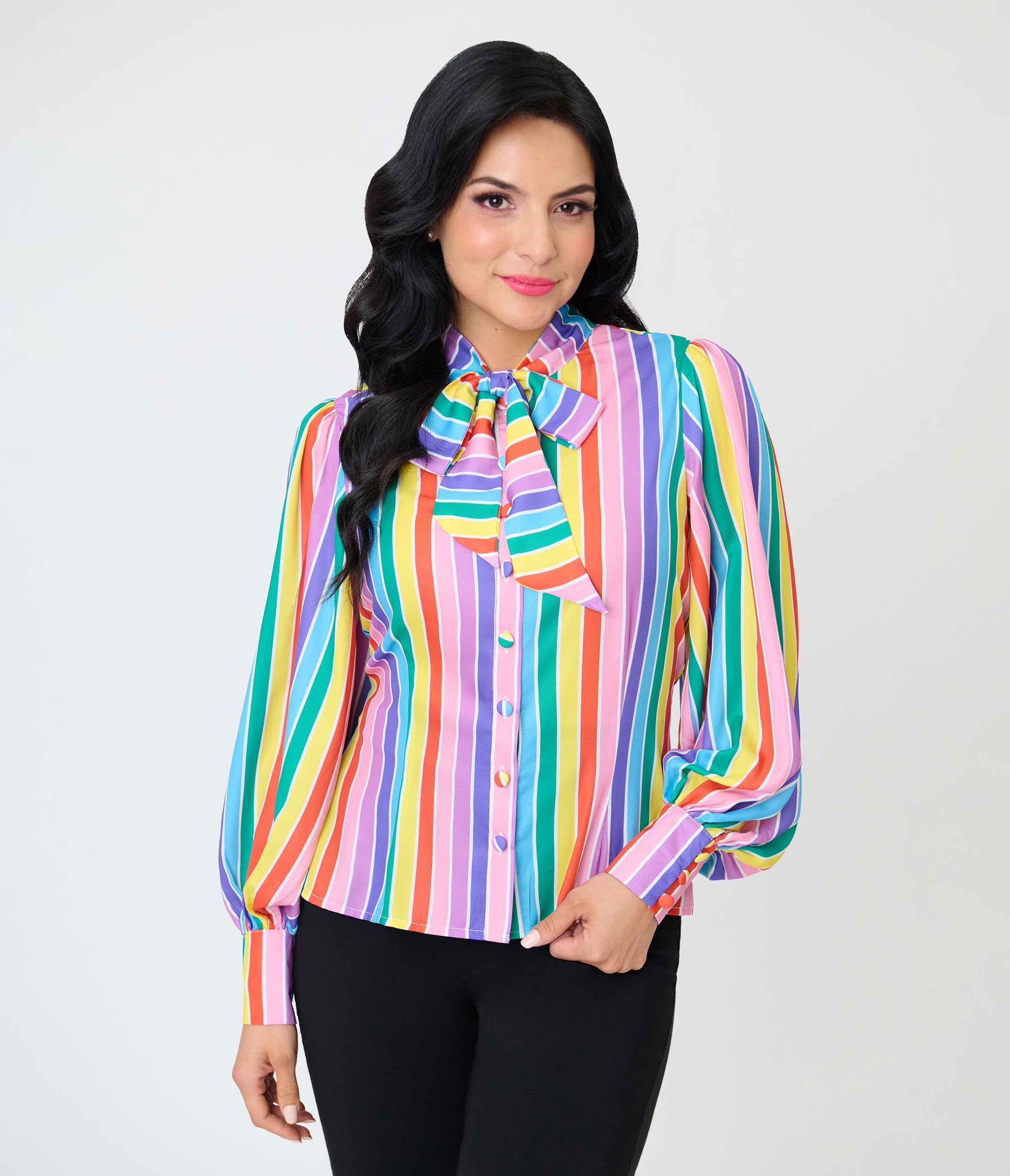 Unique Vintage Rainbow Stripe Long Sleeve Gwen Blouse