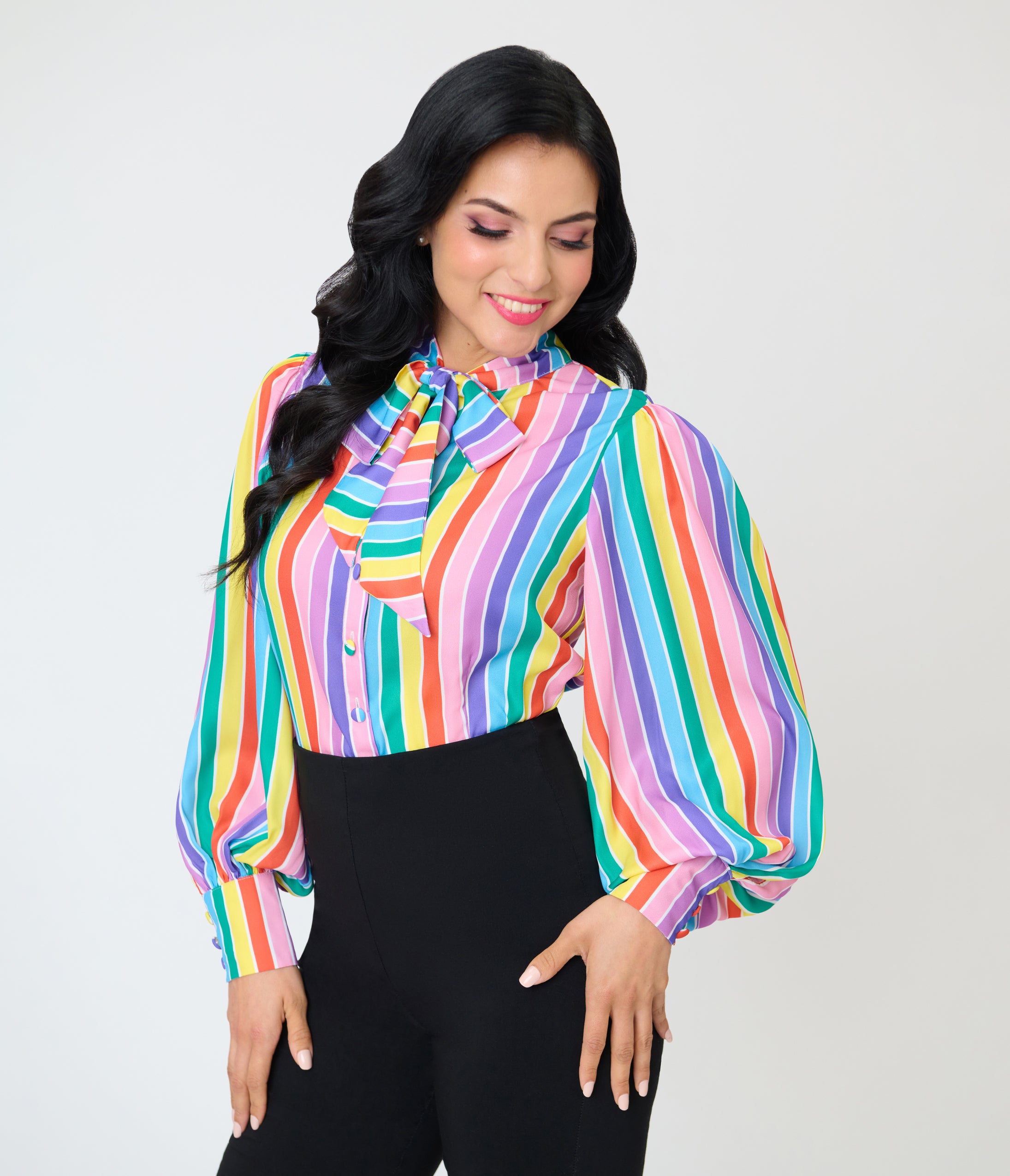 Unique Vintage Rainbow Stripe Long Sleeve Gwen Blouse