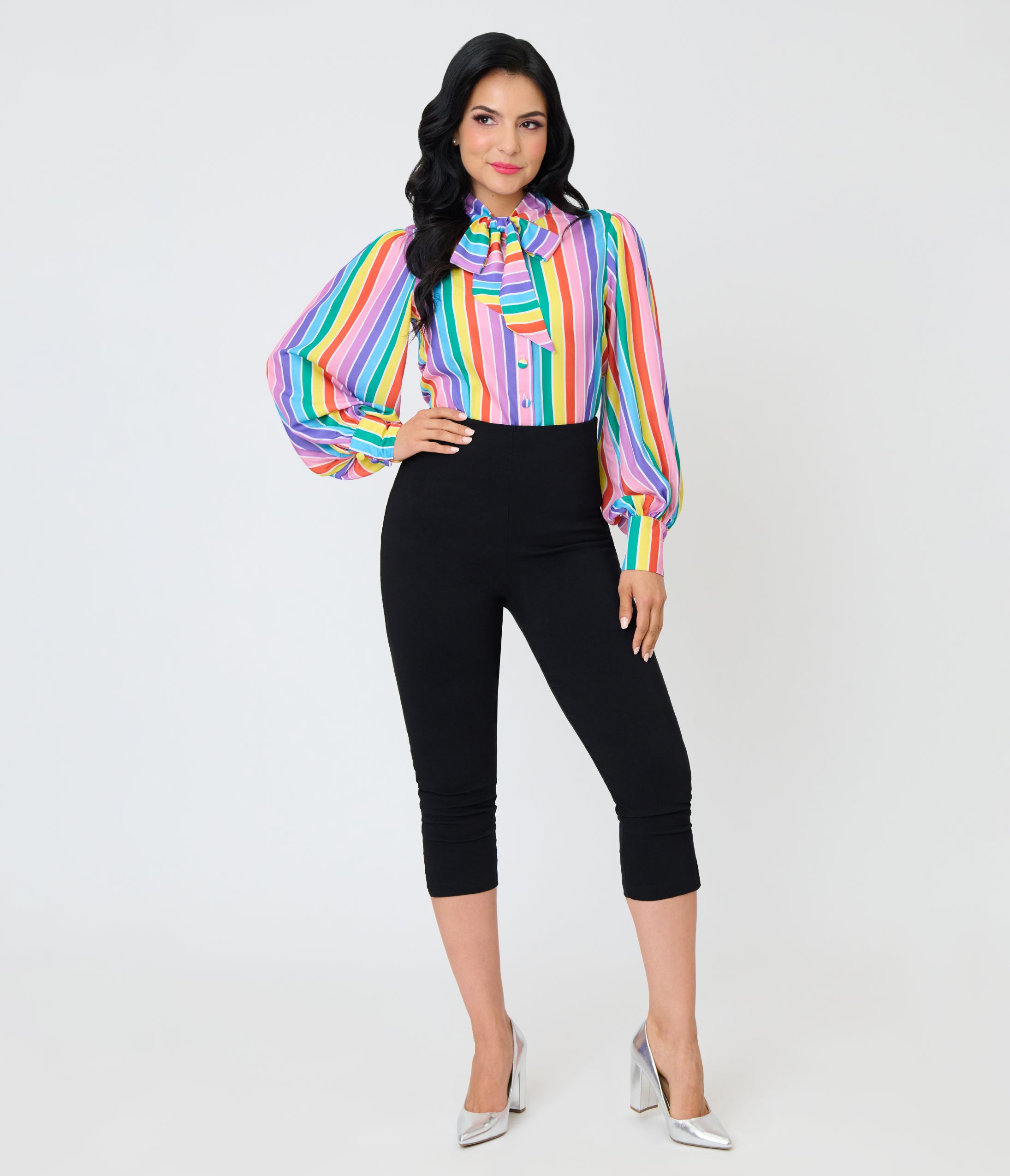 Unique Vintage Rainbow Stripe Long Sleeve Gwen Blouse