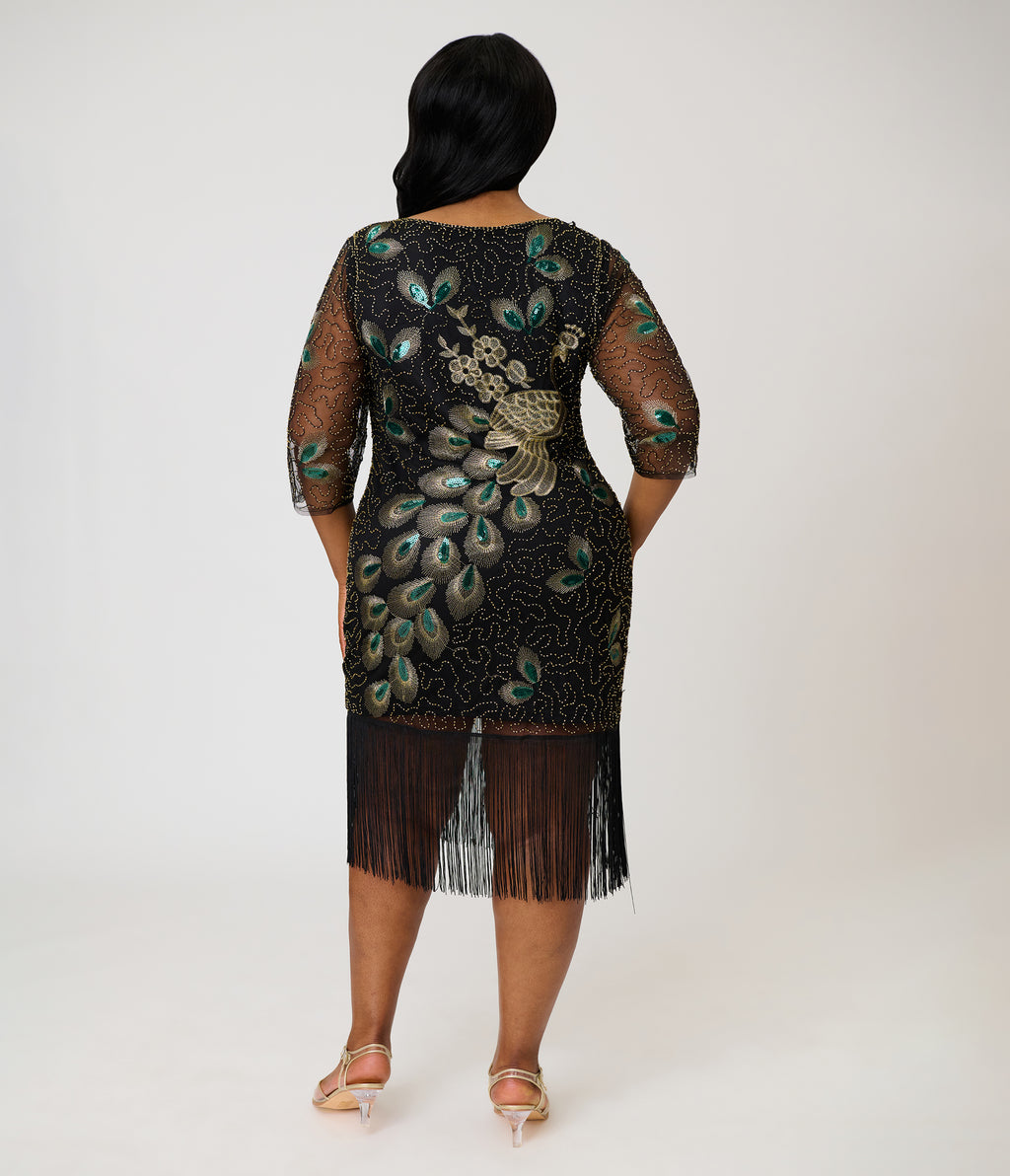 Unique Vintage Plus Size 1920s Black Peacock Sequin Margaux Flapper Dress