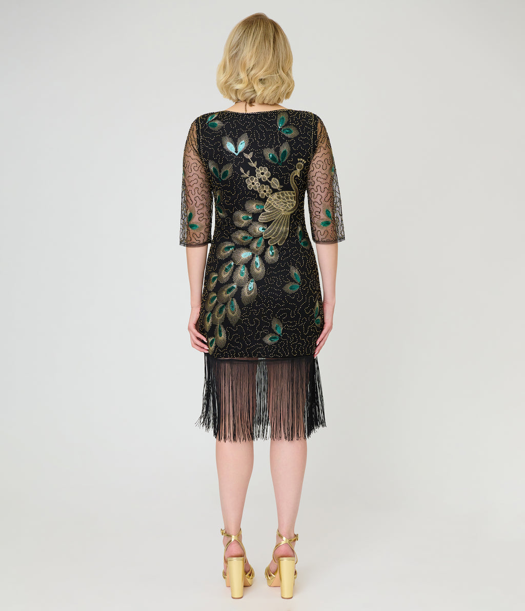 Unique Vintage 1920s Black Peacock Sequin Margaux Flapper Dress