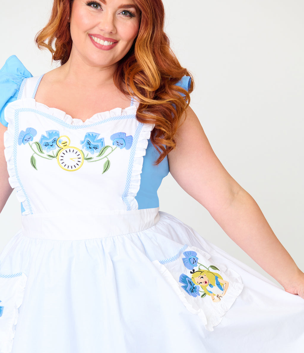 Disney Alice In Wonderland Collection By Unique Vintage Plus Size Blue & White Ruffled Apron Swing Dress