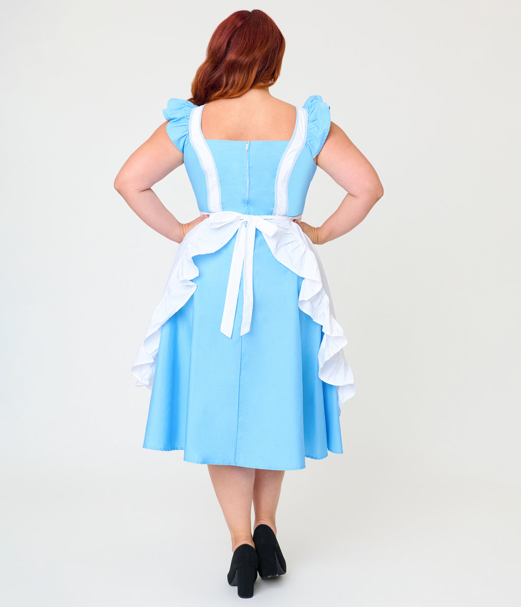 Disney Alice In Wonderland Collection By Unique Vintage Plus Size Blue & White Ruffled Apron Swing Dress
