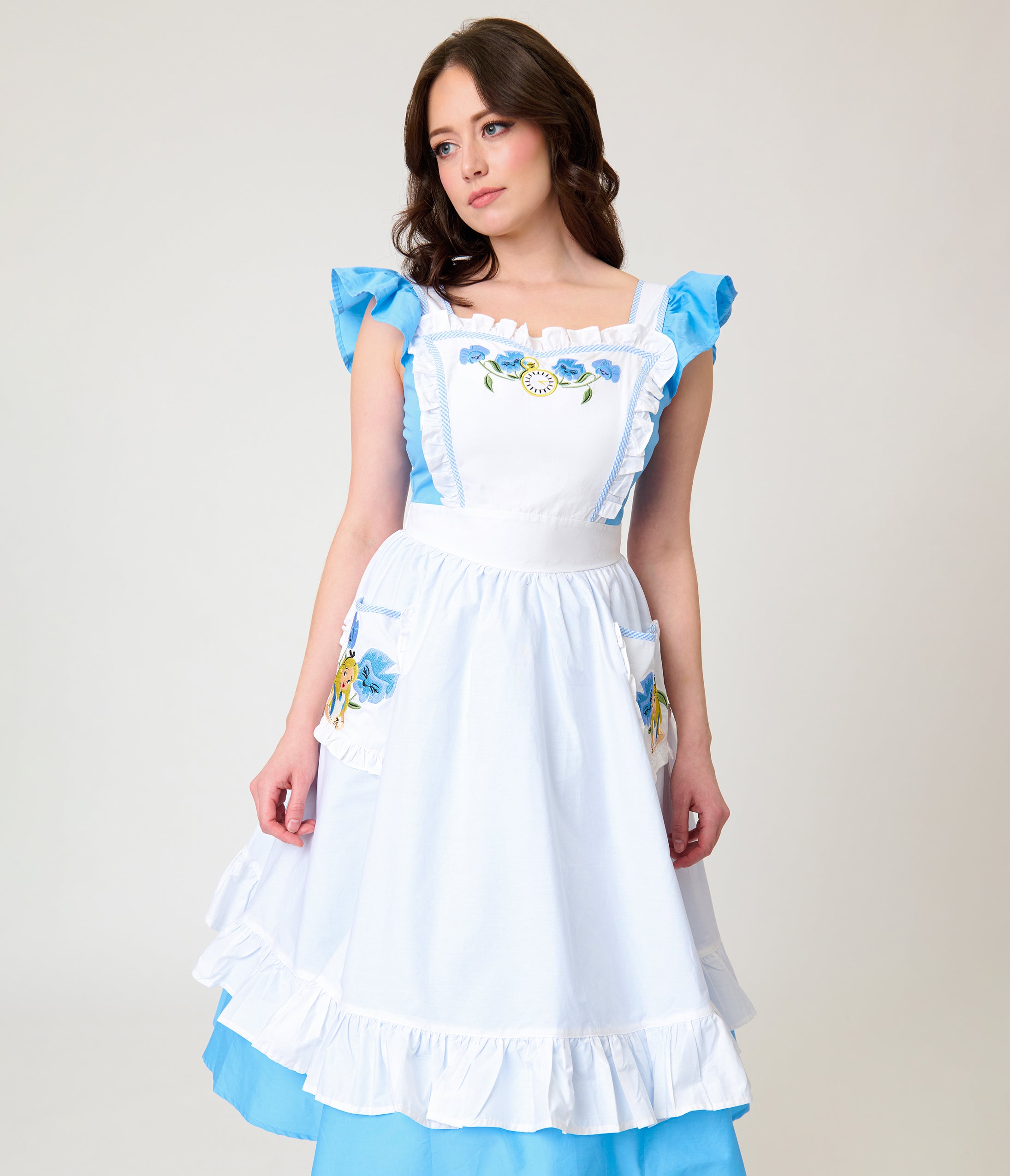 Disney Alice In Wonderland Collection By Unique Vintage Blue & White Ruffled Apron Swing Dress
