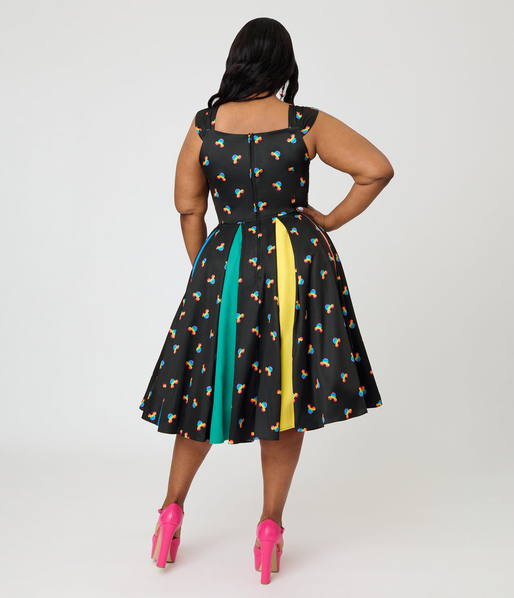 Disney Pride Collection by Unique Vintage Plus Size Black & Rainbow Mickey Stripe Swing Dress