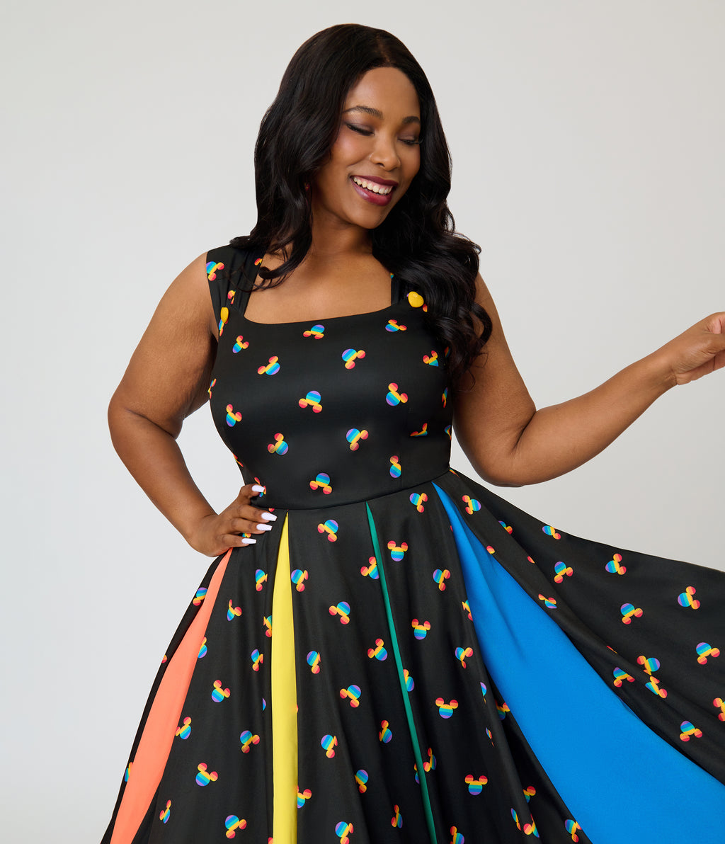 Disney Pride Collection by Unique Vintage Plus Size Black & Rainbow Mickey Stripe Swing Dress