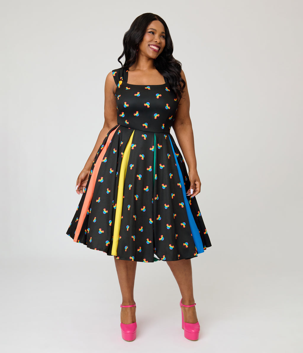 Disney Pride Collection by Unique Vintage Plus Size Black & Rainbow Mickey Stripe Swing Dress