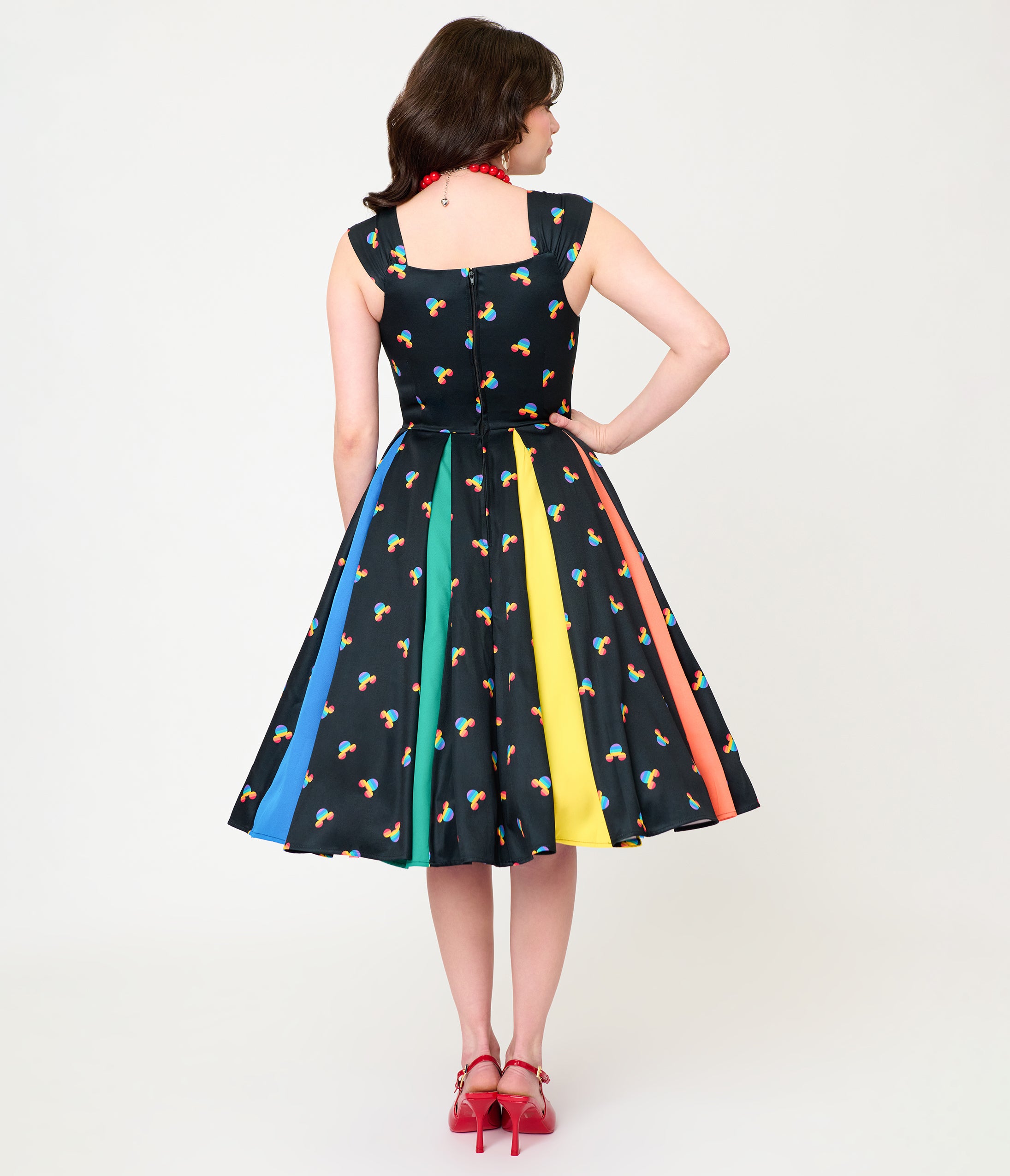 Disney Pride Collection by Unique Vintage Black & Rainbow Mickey Stripe Swing Dress