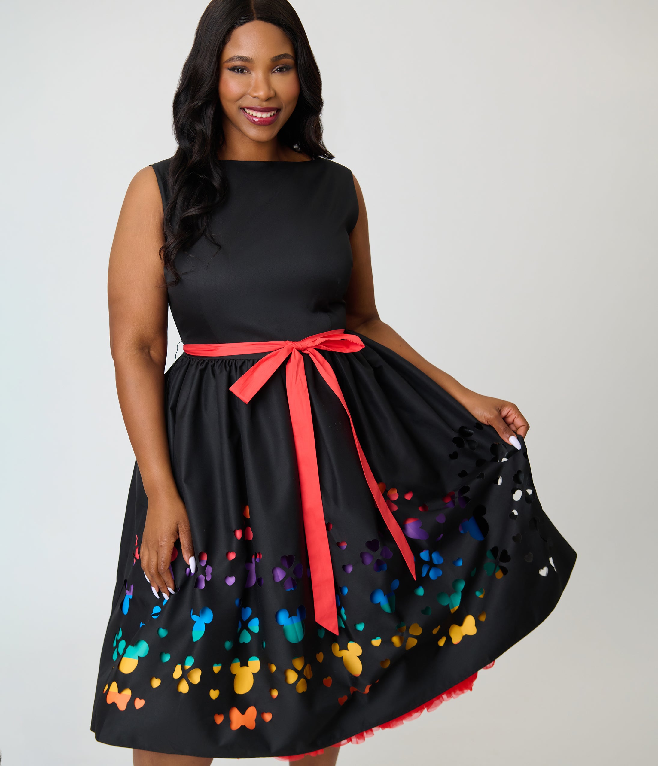 Disney Pride Collection by Unique Vintage Plus Size Black & Rainbow Stripe Mickey Cutout Swing Dress