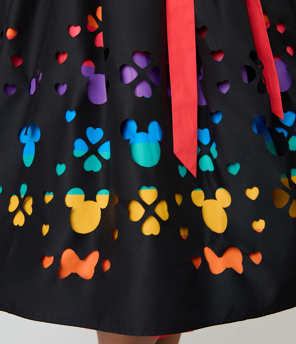 Disney Pride Collection by Unique Vintage Plus Size Black & Rainbow Stripe Mickey Cutout Swing Dress