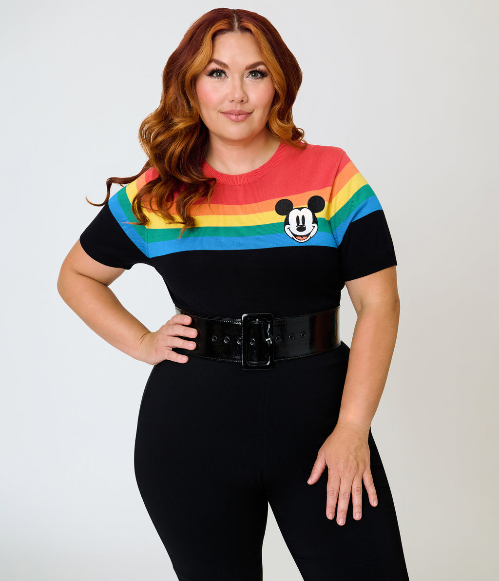 Disney Pride Collection by Unique Vintage Plus Size Rainbow & Mickey Embroidery Puff Sleeve Sweater