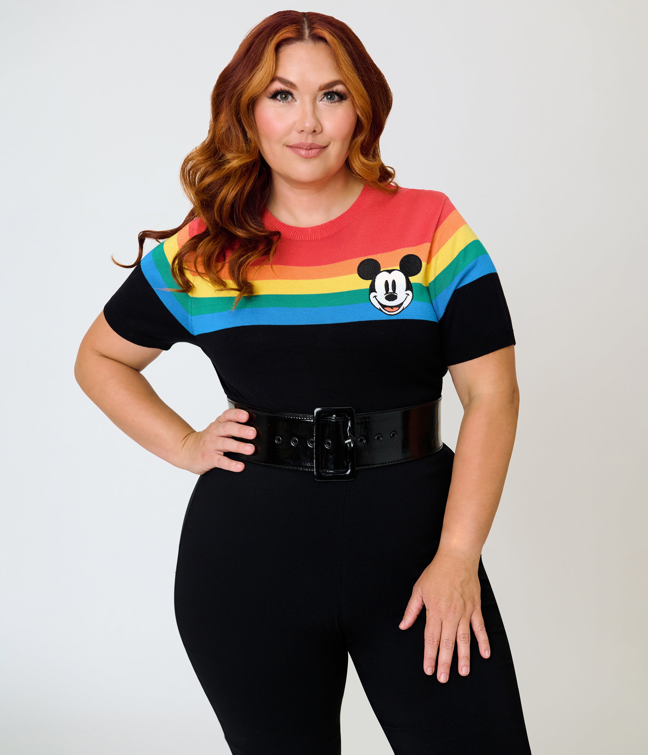 Disney Pride Collection by Unique Vintage Plus Size Rainbow & Mickey Embroidery Puff Sleeve Sweater