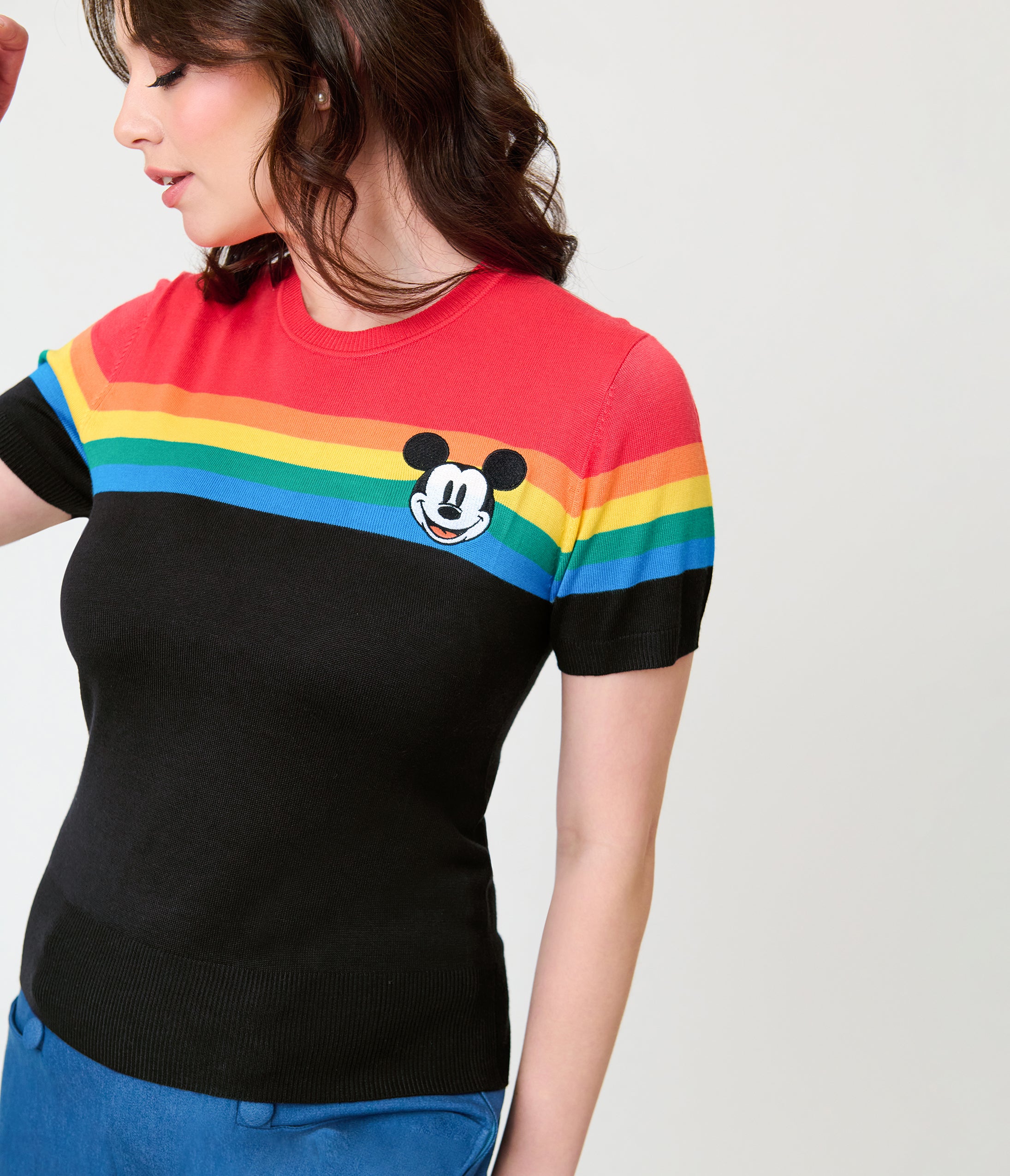 Disney Pride Collection by Unique Vintage Rainbow & Mickey Embroidery Puff Sleeve Sweater