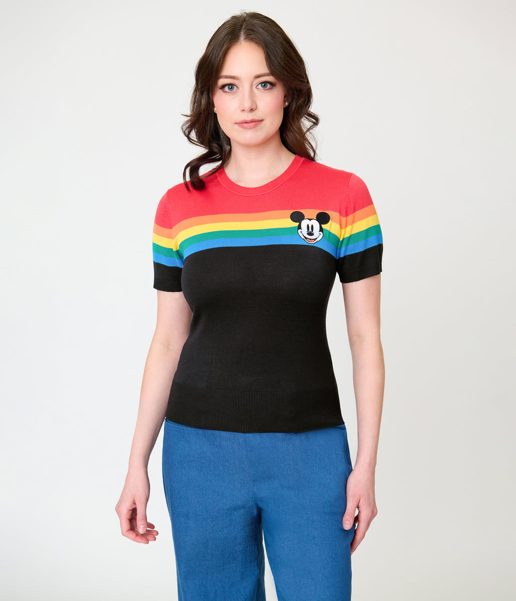 Disney Pride Collection by Unique Vintage Rainbow & Mickey Embroidery Puff Sleeve Sweater