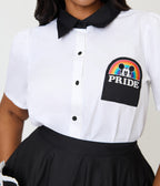 Disney Pride Collection by Unique Vintage Plus Size White Mickey Rainbow Pocket Collared Blouse