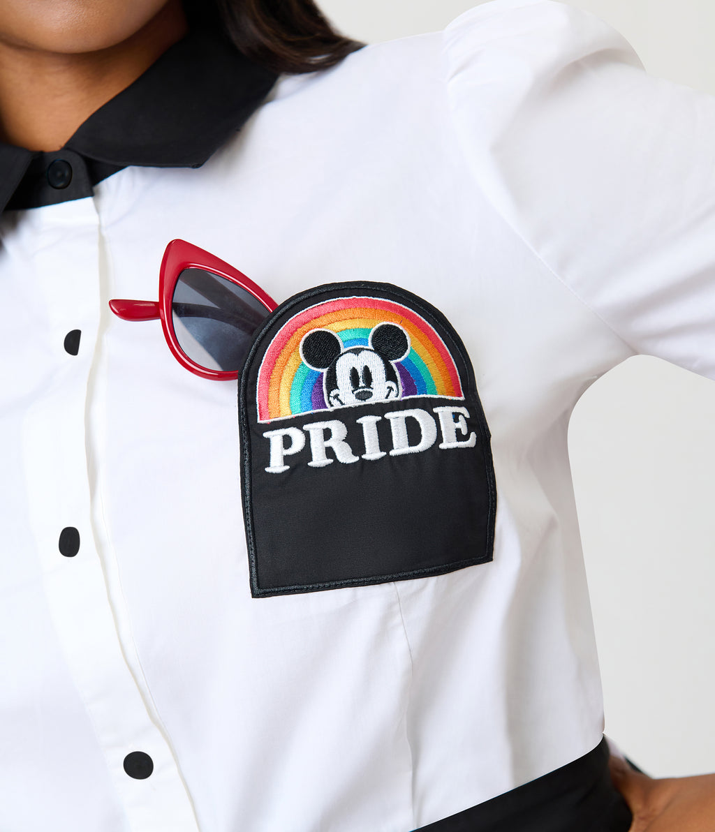 Disney Pride Collection by Unique Vintage Plus Size White Mickey Rainbow Pocket Collared Blouse