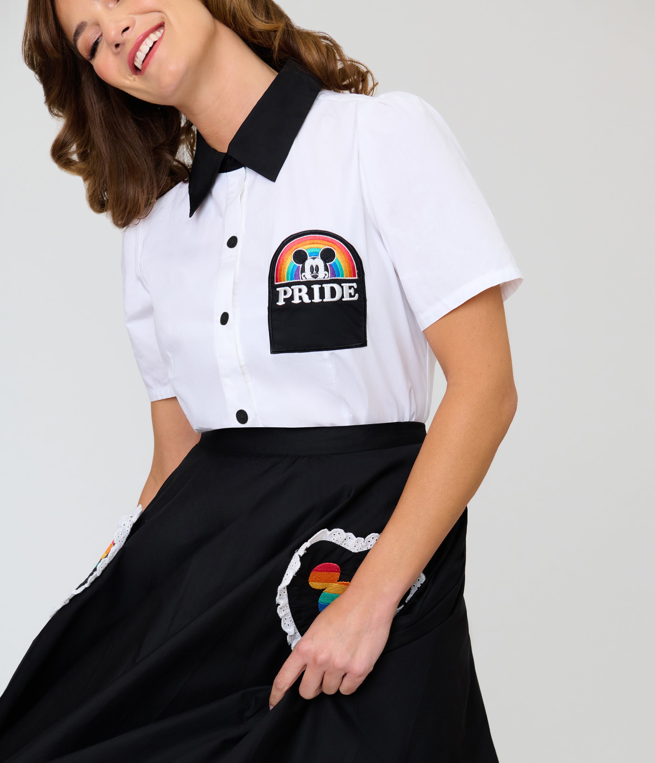 Disney Pride Collection by Unique Vintage White Mickey Rainbow Pocket Collared Blouse