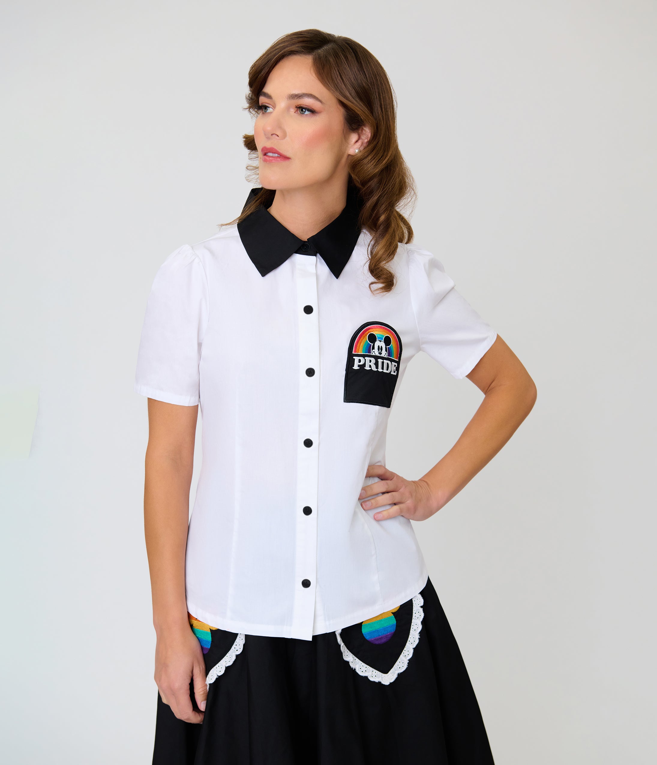 Disney Pride Collection by Unique Vintage White Mickey Rainbow Pocket Collared Blouse