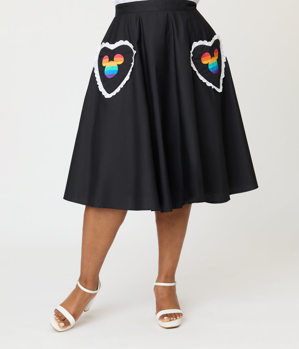 Disney Pride Collection by Unique Vintage Plus Size Black & Mickey Heart Pocket Sally Swing Skirt