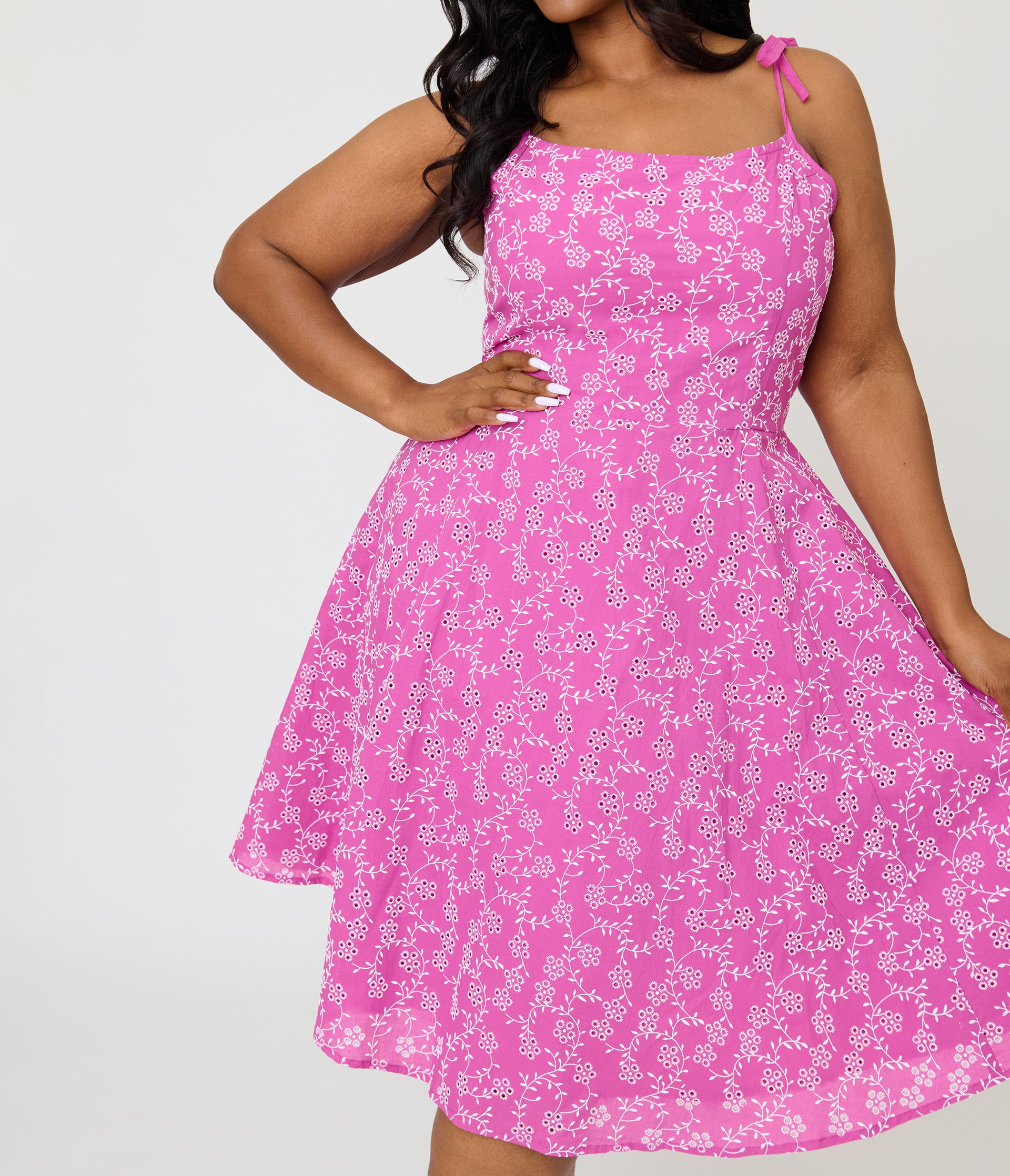 Unique Vintage Plus Size Purple Floral Eyelet Bobbie Swing Dress