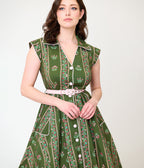 Unique Vintage Green Floral Stripe Shirt Swing Dress
