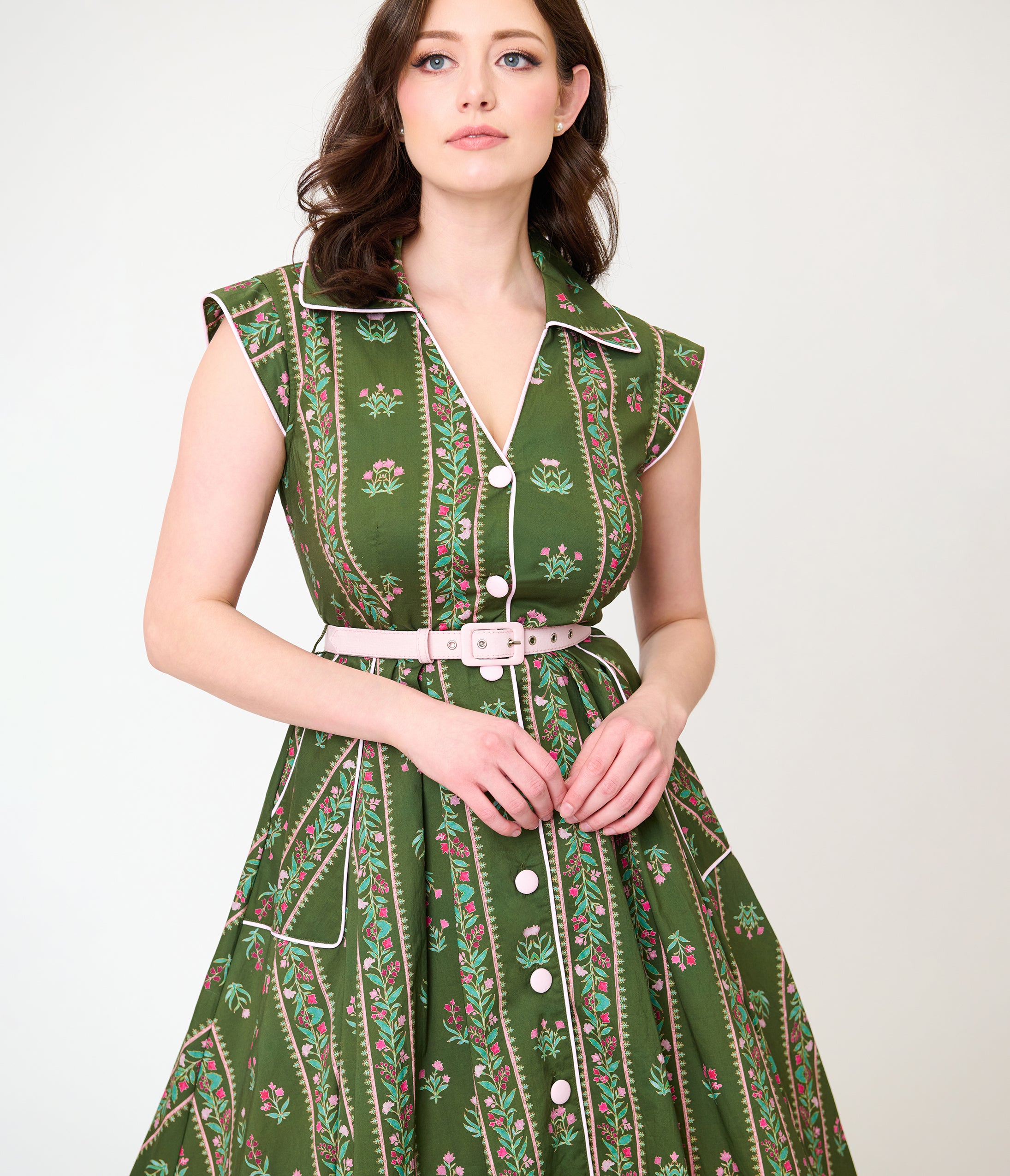 Unique Vintage Green Floral Stripe Shirt Swing Dress