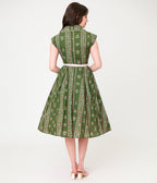 Unique Vintage Green Floral Stripe Shirt Swing Dress