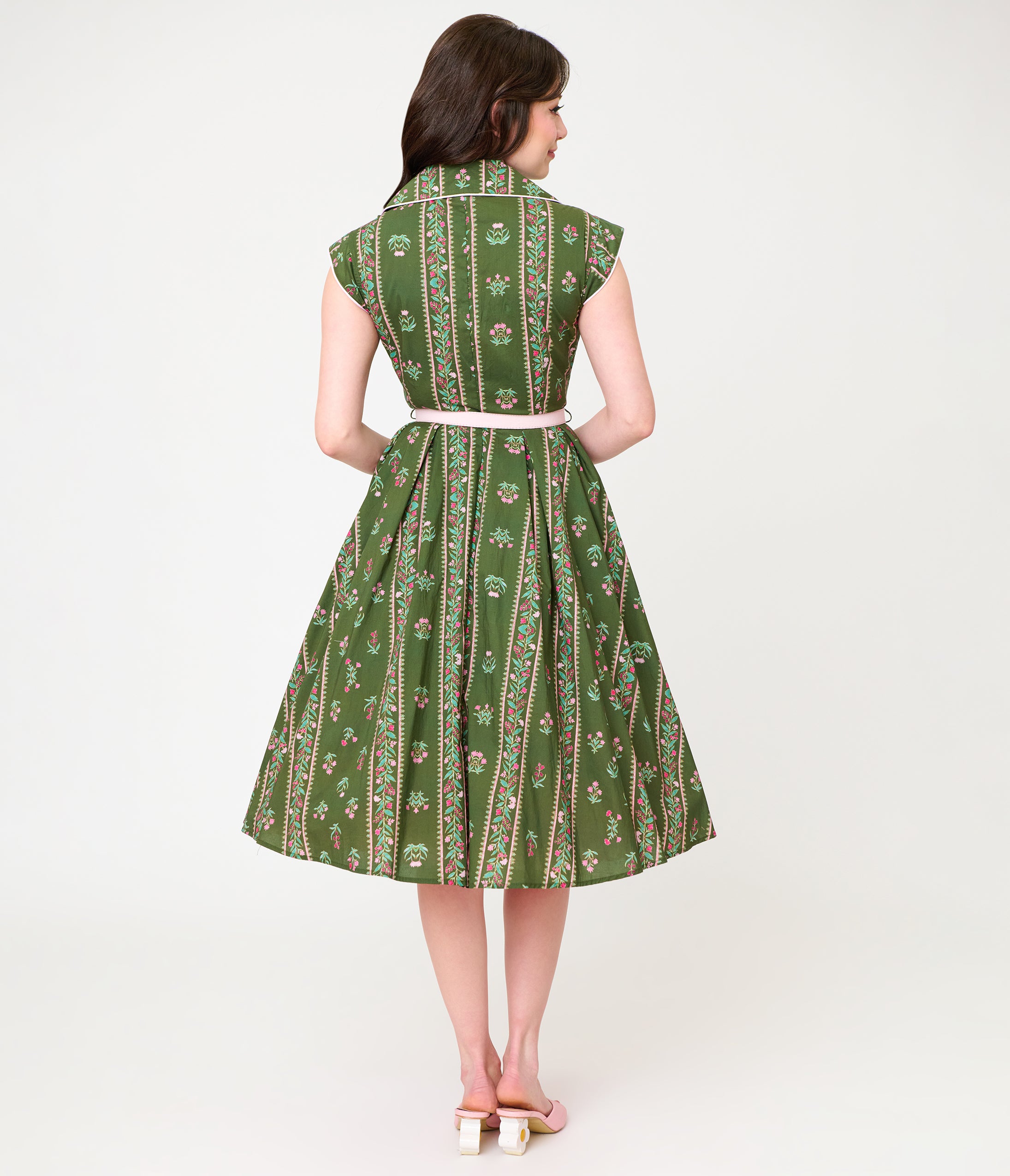 Unique Vintage Green Floral Stripe Shirt Swing Dress