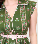 Unique Vintage Green Floral Stripe Shirt Swing Dress