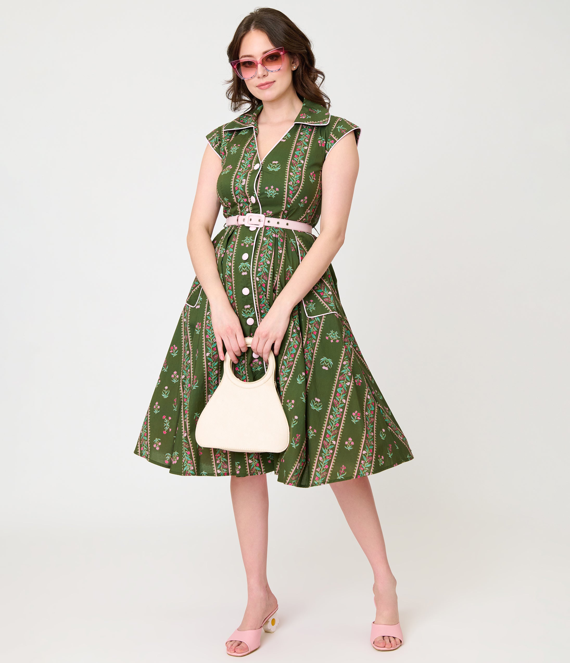 Unique Vintage Green Floral Stripe Shirt Swing Dress