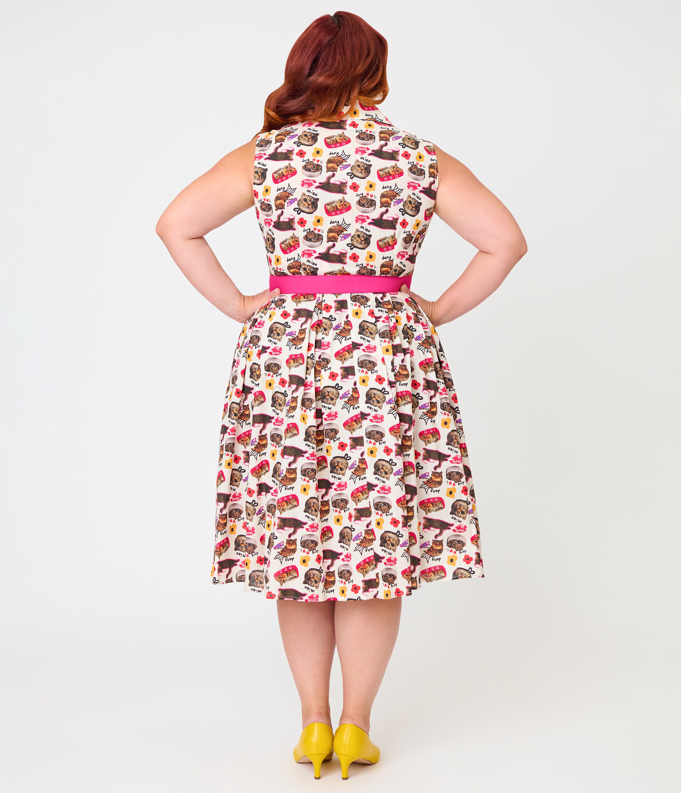 Unique Vintage Plus Size White Kitschy Cat Print Edith Swing Dress