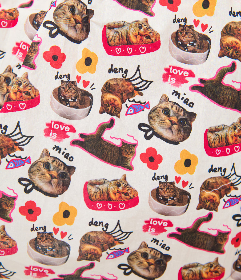 Unique Vintage Plus Size White Kitschy Cat Print Edith Swing Dress