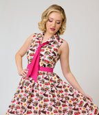 Unique Vintage White Kitschy Cat Print Edith Swing Dress