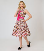 Unique Vintage White Kitschy Cat Print Edith Swing Dress