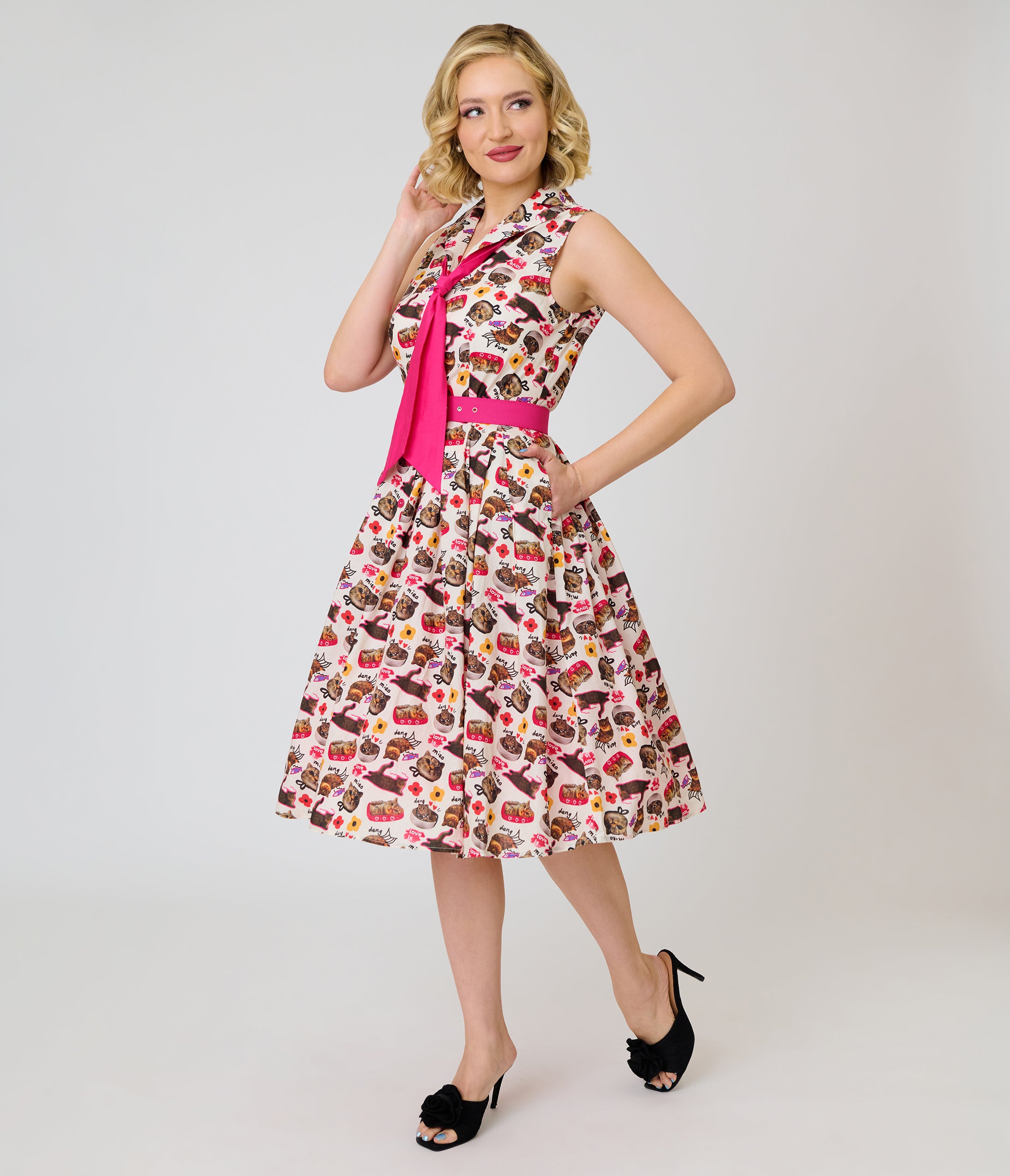 Unique Vintage White Kitschy Cat Print Edith Swing Dress