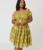 Unique Vintage Plus Size Chartreuse Eyelet Off The Shoulder Ruffle Swing Dress