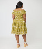 Unique Vintage Plus Size Chartreuse Eyelet Off The Shoulder Ruffle Swing Dress