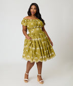 Unique Vintage Plus Size Chartreuse Eyelet Off The Shoulder Ruffle Swing Dress