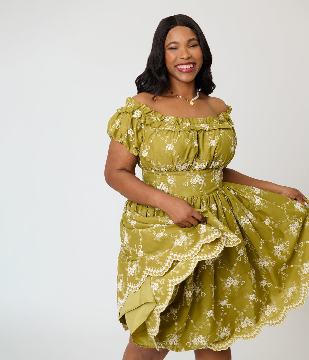 Unique Vintage Plus Size Chartreuse Eyelet Off The Shoulder Ruffle Swing Dress