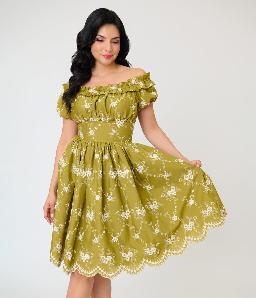 Unique Vintage Chartreuse Eyelet Off The Shoulder Ruffle Swing Dress