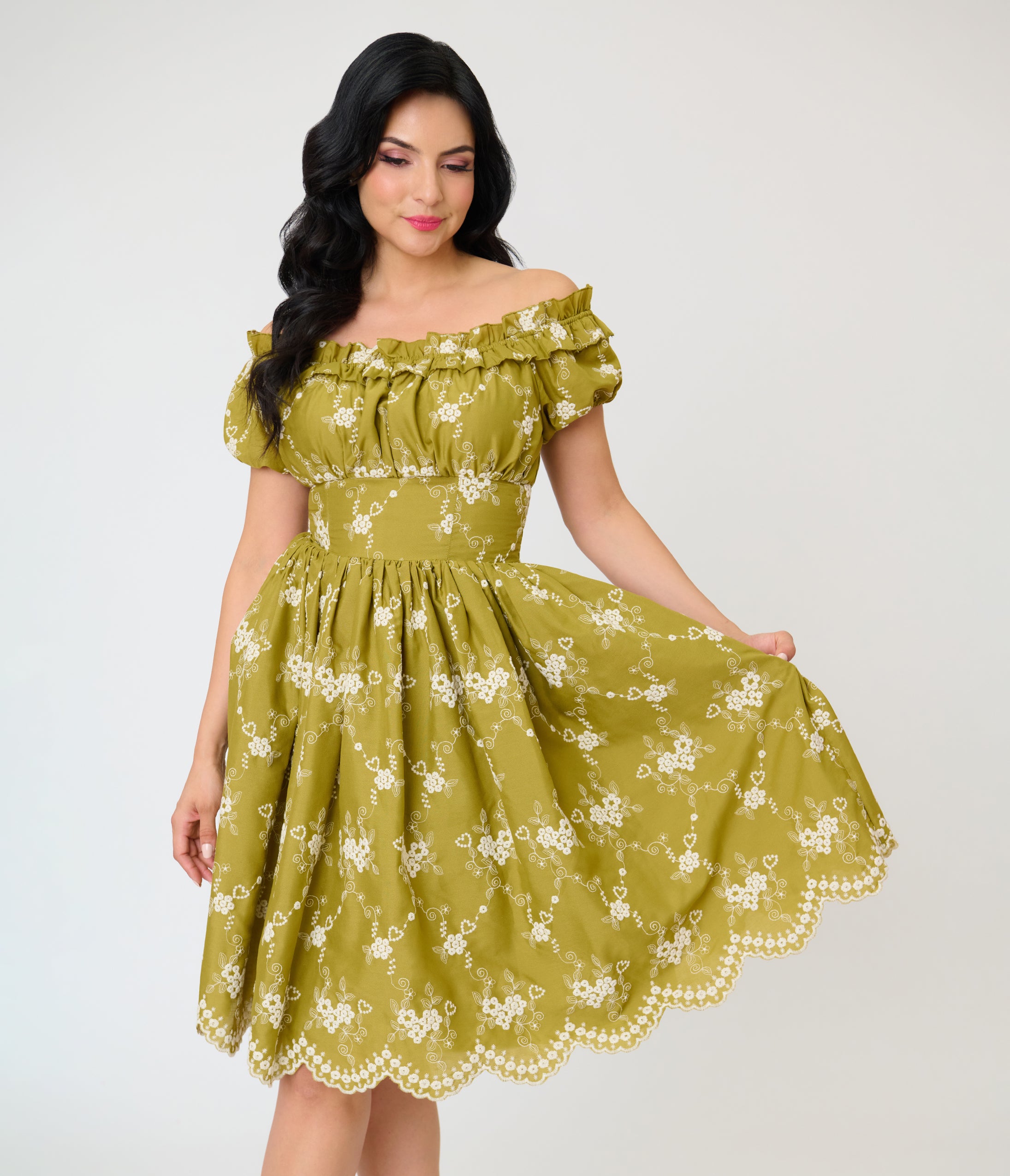 Unique Vintage Chartreuse Eyelet Off The Shoulder Ruffle Swing Dress