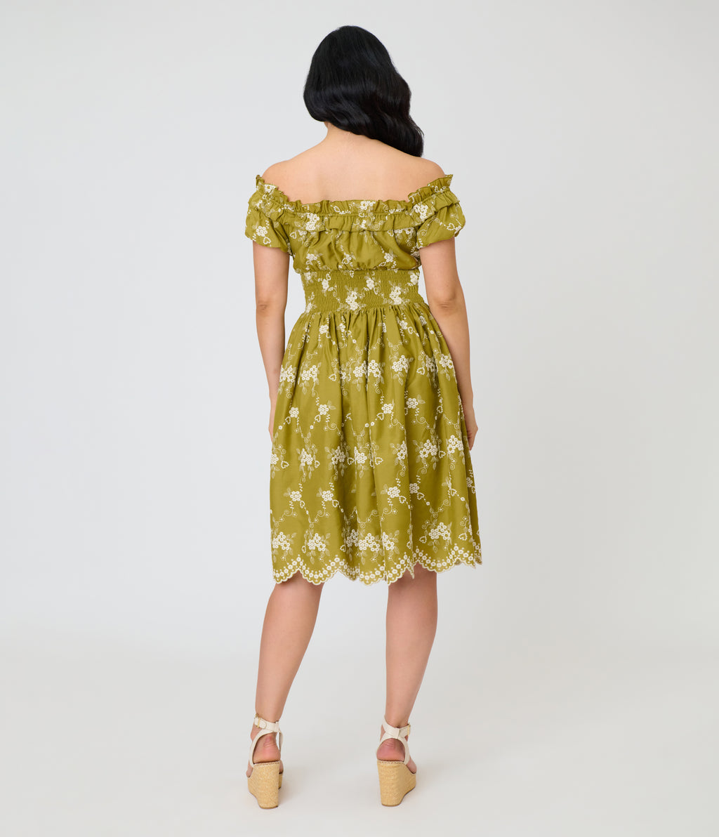 Unique Vintage Chartreuse Eyelet Off The Shoulder Ruffle Swing Dress