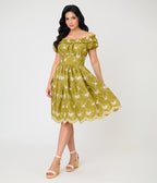 Unique Vintage Chartreuse Eyelet Off The Shoulder Ruffle Swing Dress