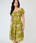 Unique Vintage Chartreuse Eyelet Off The Shoulder Ruffle Swing Dress